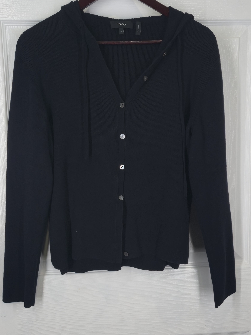 Theory Hudson Cotton Hooded Cardigan Sweater Navy Blue L